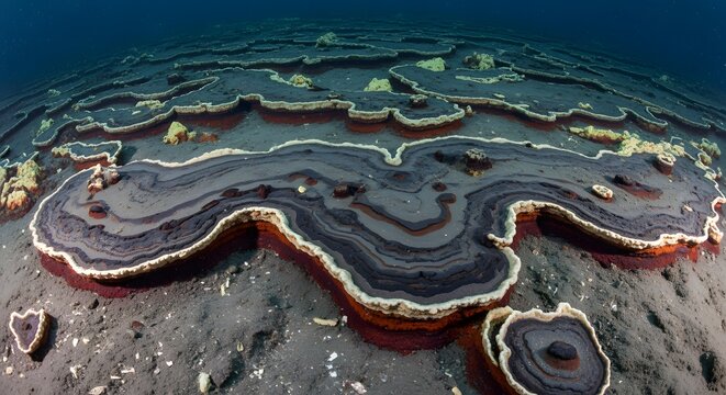 Underwater thermal vent field featuring unique mineral deposits forming textured organic layers on ocean floor sea bed deep marine geology landscape