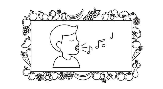 Child Singing with Fruit Border - Healthy Lifestyle, Music Education, and Joyful Expression