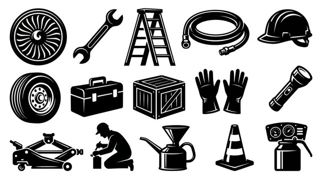 Black and White Icons: Automotive and Construction Tools, Safety Gear, and Equipment