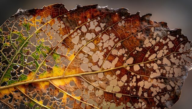 Macro photograph of a decomposing autumn leaf showing intricate skeletal vein patterns detailed holes and beautiful organic decay structures