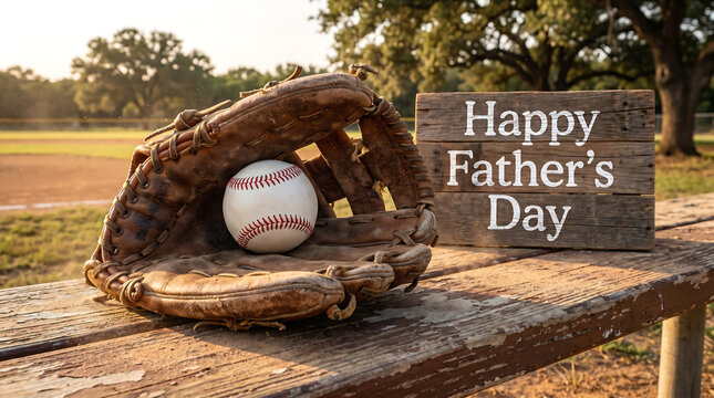 Happy Fathers Day Sign with Baseball and Glove on Wooden Bench
