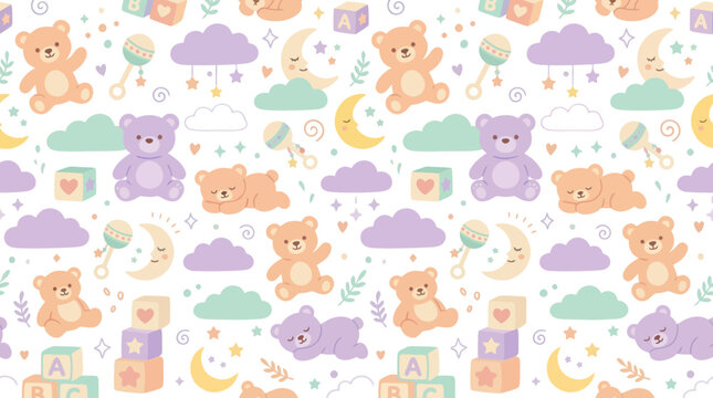 Cute Baby Bears and Clouds Seamless Pattern, Flat Design for Kids