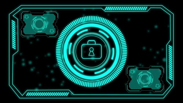 Futuristic cyan head up display digital animation featuring secure lock suitcase icon inside circular loading bars and glowing floating particle elements on black background motion footage.