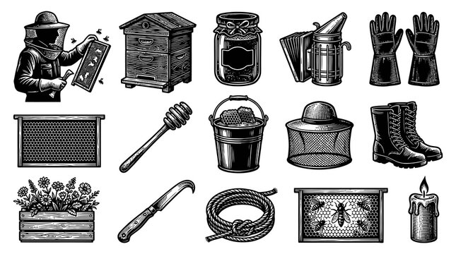 Black and White Line Art of Beekeeping Equipment and Supplies