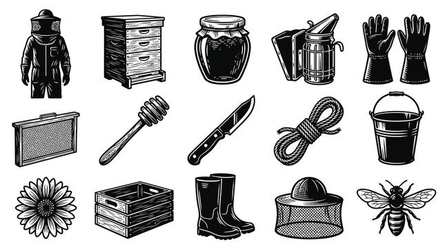 Vintage Beekeeping Tools and Equipment Icons Set in Black and White Line Art Style. Apiculture Farm Elements.