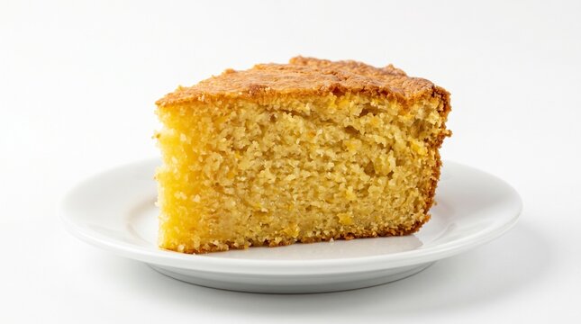 A single slice of moist corn bake is displayed on a small white plate.  isolated on solid white background