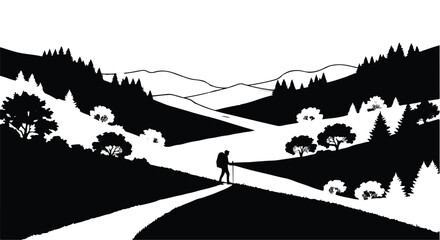 A solitary hiker with a backpack and walking sticks traverses a winding path through a vast, undulating landscape of hills and coniferous trees.