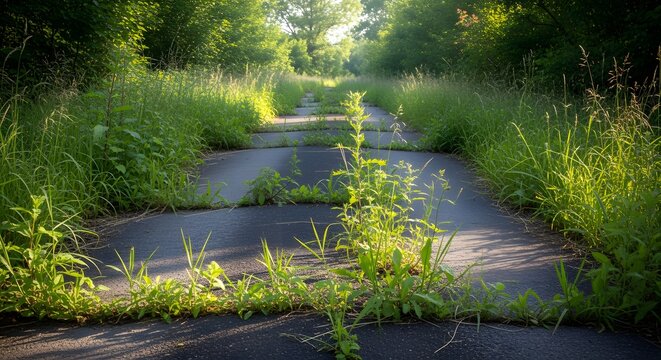 Long abandoned country highway heavily overgrown with tall wild grass and weeds stretching toward distant trees under bright summer daylight
