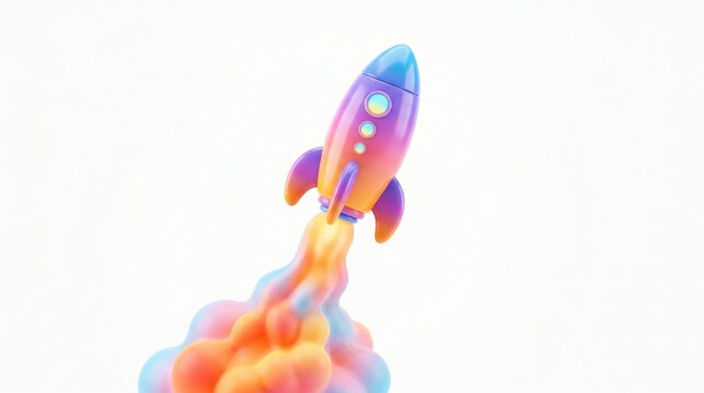 3D icon of a colorful rocket launching upwards with smoke trail.  isolated on solid white background