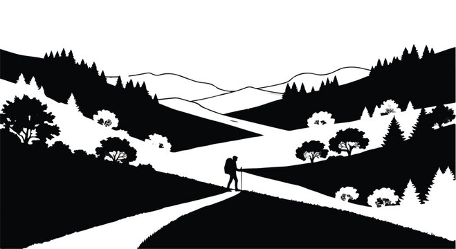 A solitary hiker with a backpack and walking sticks traverses a winding path through a vast, undulating landscape of hills and coniferous trees.
