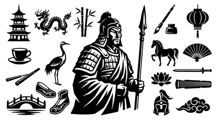 Naklejka premium Traditional East Asian Culture Icons Set, Ancient Chinese Symbols and Historical Elements Glyphs Collection