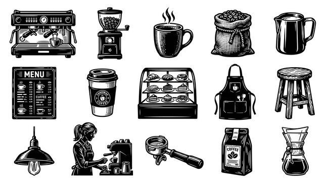 Black and White Line Art Coffee Shop Equipment and Items Vector Set
