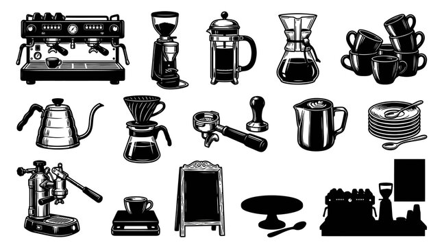 Black and White Vector Icons of Coffee Shop Equipment and Accessories