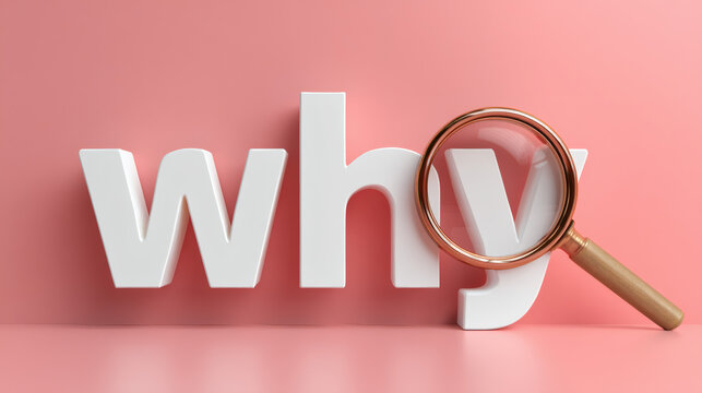 conceptual 3D render of word why in white letters, magnifying glass highlighting h, pastel background, subtle shadows, cinematic detail, copy space. minimalist, conceptual, 3D render, word, 