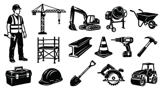 Construction Industry Black  White Icons Set with Worker, Building Tools, and Heavy Equipment