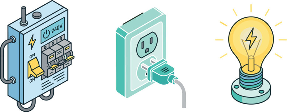 Isometric electricity icon set with circuit breaker panel power outlet plug and glowing light bulb for energy concepts vector