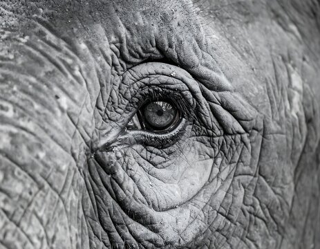 Close-up of wrinkled elephant skin and a focused, detailed eye