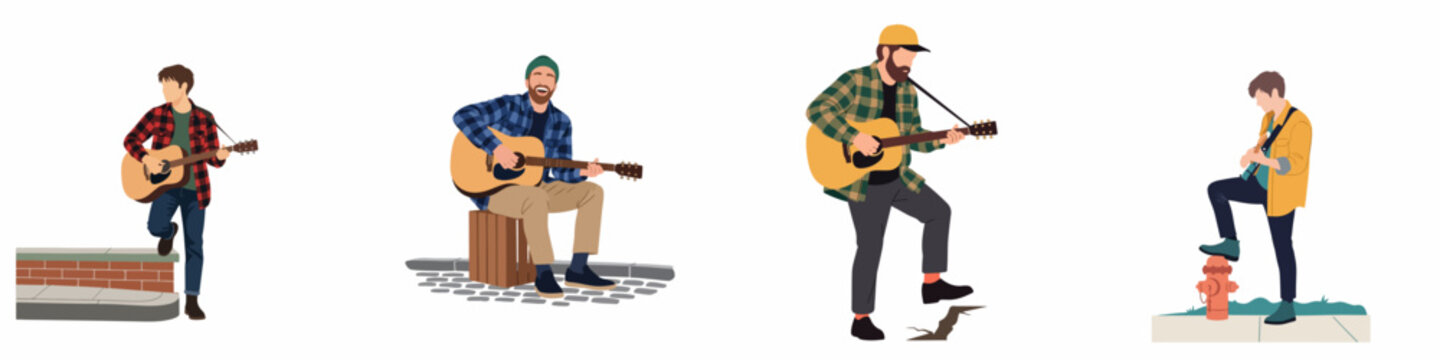Vector illustration set of diverse street musicians and guitarists playing acoustic guitars in various casual outdoor urban settings.