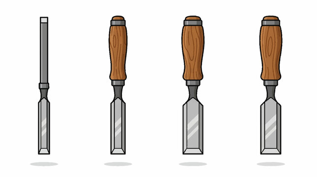 Set of four professional woodworking chisels with wooden handles.