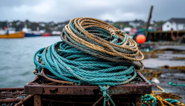 Coiled fishing ropes on a rusty metal crate at a maritime harbor with coastal background
