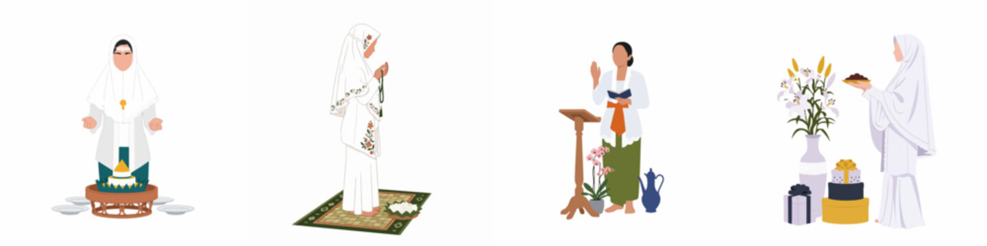 Illustration set of Indonesian women practicing various religious and cultural traditions, including Islamic prayer, food offerings, and Balinese rituals.