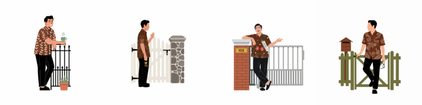 Set of illustrations depicting an Indonesian man in traditional batik shirts engaged in various activities around a house gate and fence.