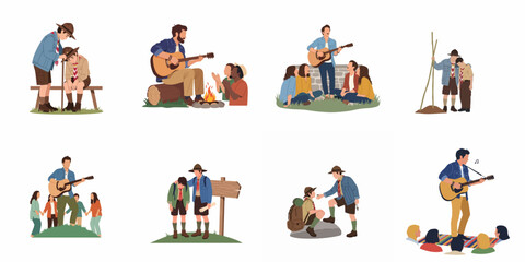 Fototapeta premium Collection of vector illustrations depicting boy scouts hiking, camping, and friends playing guitar, symbolizing teamwork, support, and outdoor friendship.