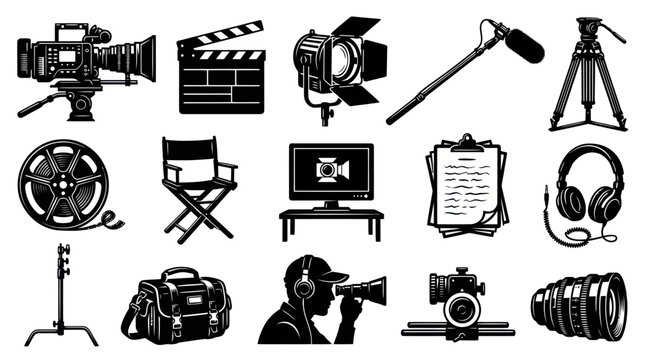 Black and White Vector Icons of Filmmaking Equipment for Media Production