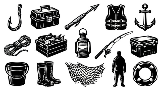 Fishing Gear Icon Set Black and White Vector Line Art