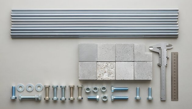 Professional flat lay of construction materials including metal rods concrete tiles bolts nuts and a precision vernier caliper on a gray background