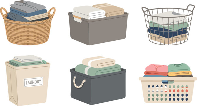 Laundry basket collection with folded clothes towels container organizer bin wicker hamper for home housekeeping wash routine vector illustration
