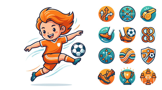 Cute chibi boy soccer player in orange uniform kicking a football, vector illustration set with sports icons including trophy, whistle, cleats, and tactics board on white background.