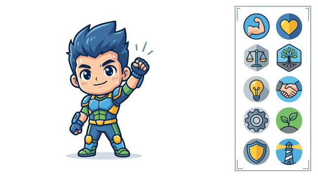 Chibi male hero character in futuristic blue and green armor raising his fist in victory, accompanied by a collection of ten skill attribute icons on a white background.