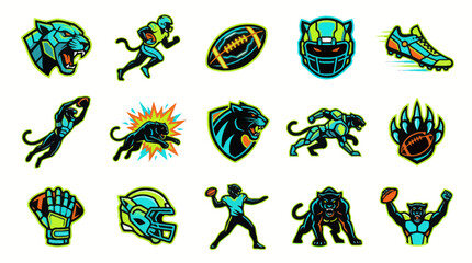 Fototapeta premium American Football Sport Mascot Logos, Player Characters, Helmet, Ball, and Cleat Flat Vector Illustration Set