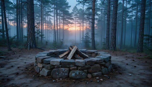 Woodland campsite at blue hour featuring a circular stone fire pit in a misty pine forest during a colorful twilight sunset background