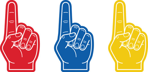 Sports Foam Finger Vector Set with Red, Blue, and Yellow Hand Fans for Team Spirit, Game Day Cheer, Fan Accessories, and Event Illustrations © MstSheule