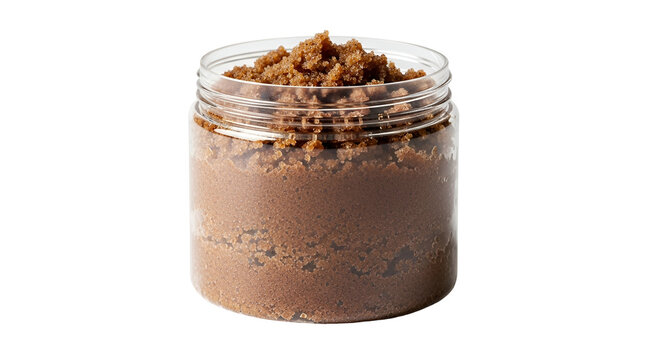 Brown Sugar Body Scrub In Clear Jar Isolated With Transparent Background