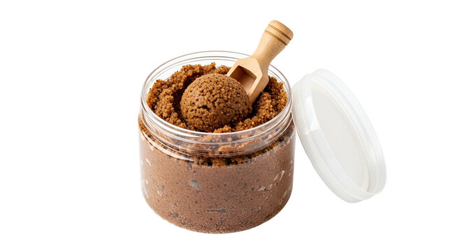 Brown Sugar Body Scrub in Clear Jar with Wooden Scoop Isolated Transparent Background