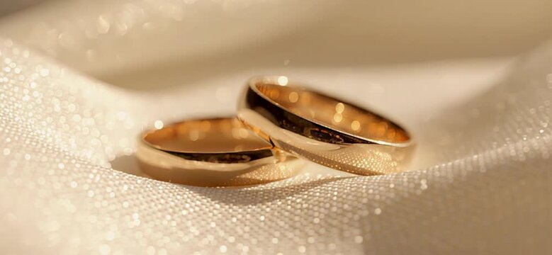Macro shot of two gold wedding rings on sparkling white fabric with bokeh