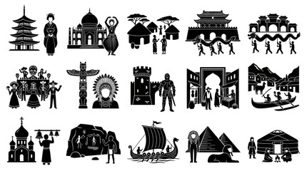 Obraz premium Global Cultures and History Glyph Icons Set. Black and White Traditional Symbols, Landmarks, and People Vector.