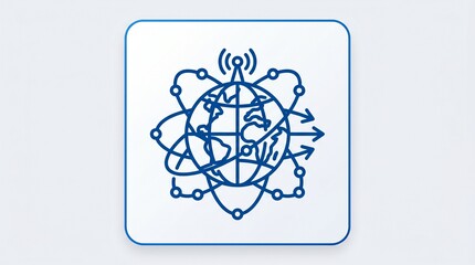 Global Network and Communication Vector Icon, Blue Line Art of Earth Globe with Satellite Orbits, Signal Tower, and Connectivity Arrows © wildan