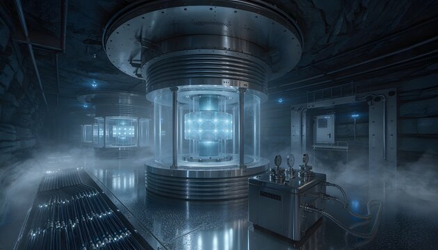 Futuristic quantum data storage vault located in a deep underground facility featuring glowing blue energy cores and advanced cryogenic cooling infrastructure systems