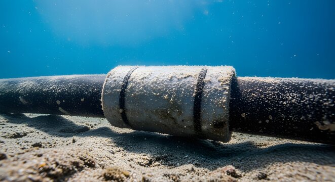 Heavy duty industrial fiber optic communication cable resting on the sandy ocean floor for global internet connectivity and transatlantic data transmission background