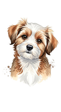 Brown White Puppy Dog Portrait Watercolor Art Isolated
