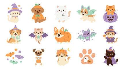 Fototapeta premium Cute Halloween Animals Vector Illustration Set with Cats, Dogs, Pumpkins, Witches, and Bats in Flat Style