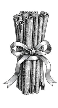 Bundled Cinnamon Sticks Tied With A Ribbon Isolated On White