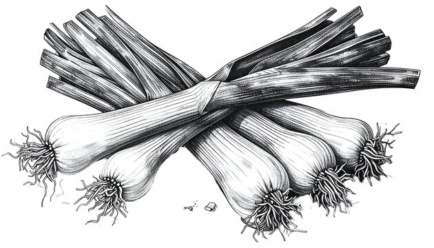 Bunch Of Fresh Spring Onions Isolated On Transparent Background Sketch Style