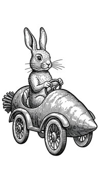 Bunny Rabbit Driving Carrot Car Sketch Isolated Transparent Background