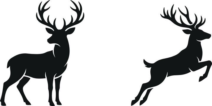 Black deer silhouette set with standing buck and jumping stag with large antlers isolated on white background vector