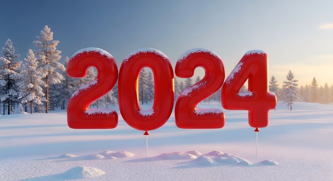 Happy New Year 2024 Red Balloons in Snowy Winter Landscape